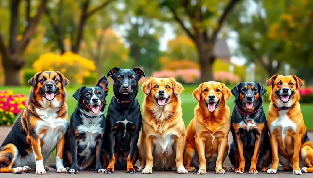 A diverse group of America’s favorite playful dog breeds chilling in a park.