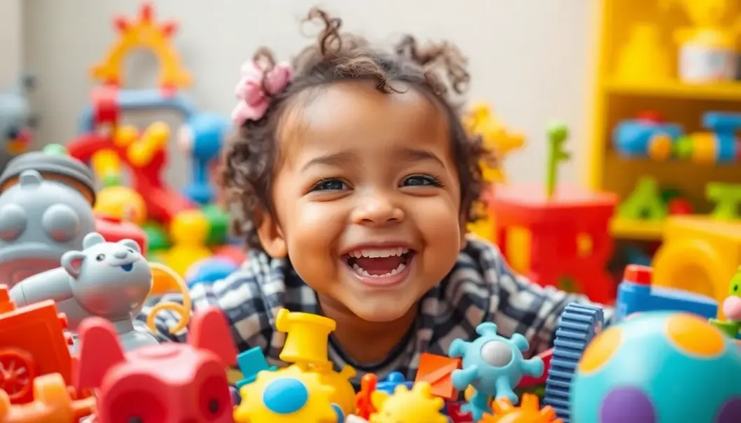 A joyful child happily engaged with various colorful toys, emphasizing delight and imagination.