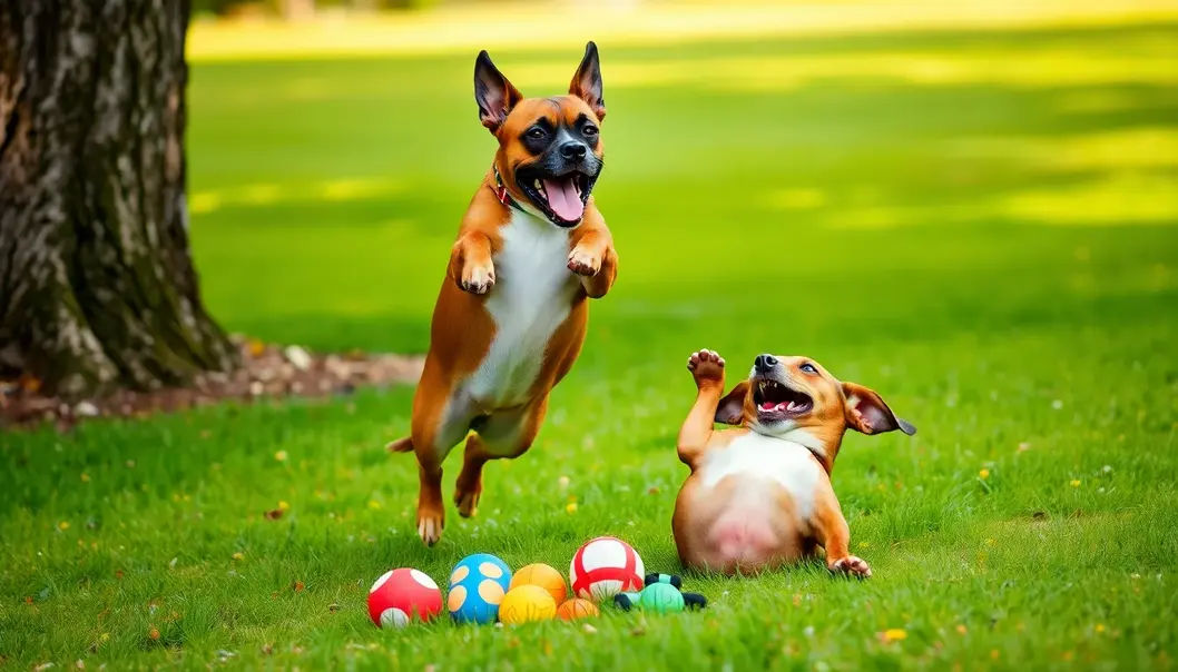 A diverse group of America’s favorite playful dog breeds chilling in a park.
