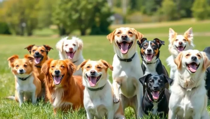 Several distinct dog breeds playing together in an open field under a bright sun.