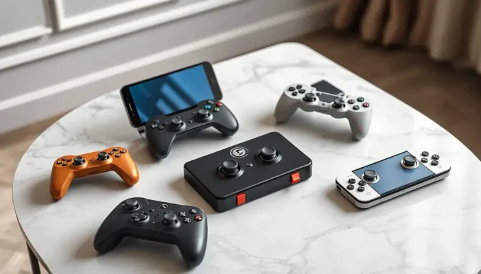 A refined collection of gaming devices, mobile and console, on a marble table symbolizing luxury.