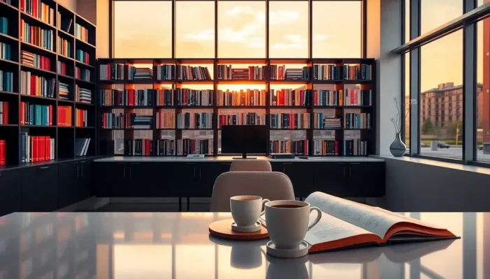 An office with a bookshelf and desk, symbolizing the merging of professional life and self-discovery.