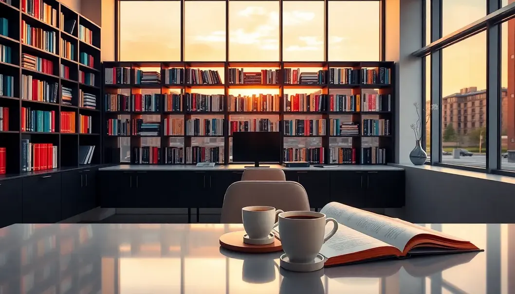 An office with a bookshelf and desk, symbolizing the merging of professional life and self-discovery.