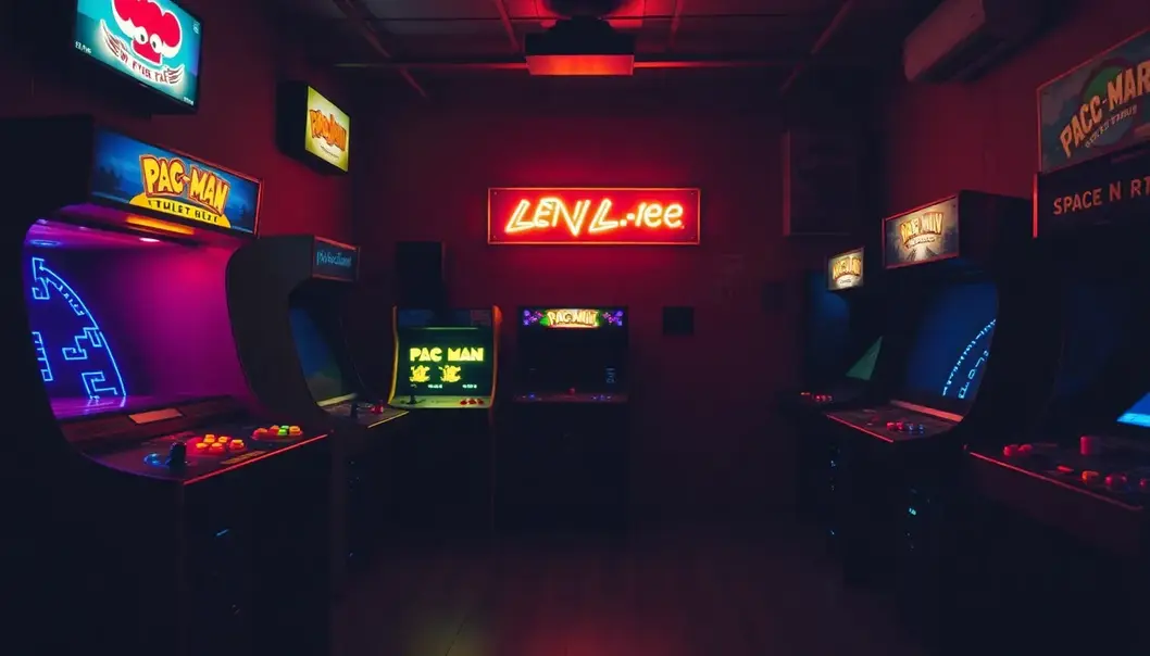 Retro arcade showcasing classic video game cabinets.