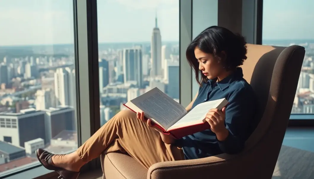 A professional exploring self-discovery through fiction in a modern office.