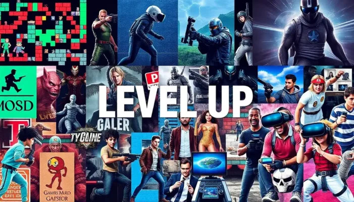 Collage of video game evolution from pixelation to virtual reality experiences.
