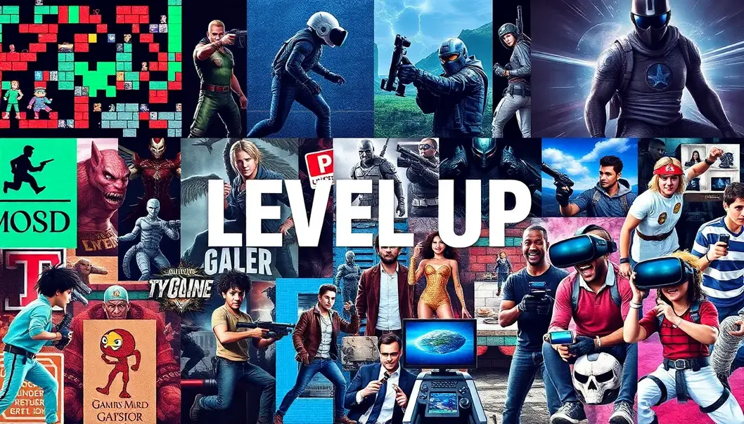 Collage of video game evolution from pixelation to virtual reality experiences.