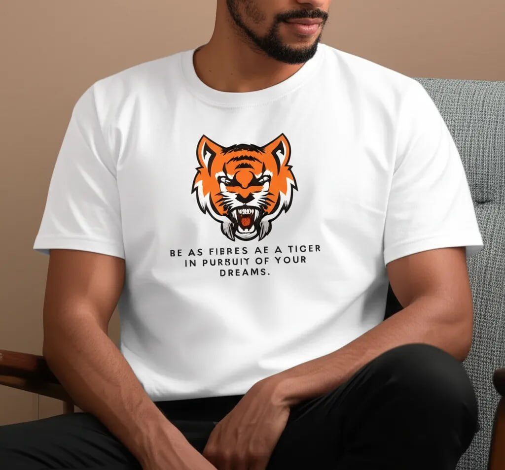 A young adult male sitting cross-legged on the floor of a small, cozy, sunlit room. He is wearing a white t-shirt with a large, bold tiger head illustration centered on the chest, showing sharp teeth and an intense stare. Beneath the tiger graphic is the text in all caps: “BE AS FIERCE AS A TIGER IN PURSUIT OF YOUR DREAMS.”