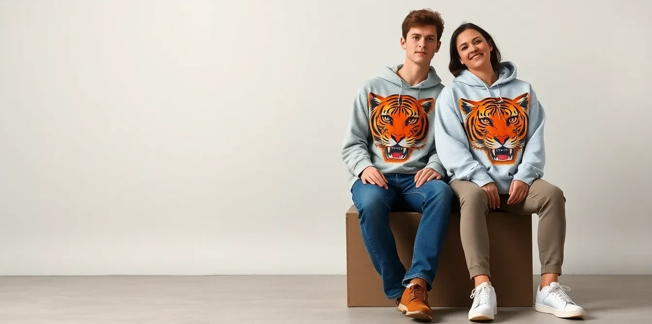 One model wears a white t-shirt, and the other a light grey hoodie, both printed with a bold orange tiger head and the quote: “BE AS FIERCE AS A TIGER IN PURSUIT OF YOUR DREAMS.” The models are seated naturally — on a low stool, box, or floor — with relaxed, grounded postures and a calm, confident vibe. They are placed very close to each other and positioned right near the edge of the frame. The camera is zoomed in closer than standard fashion banners, making the models appear larger, more dominant, and clearly showing fabric texture, stitching, and print clarity. Their upper bodies and expressions are clearly visible, creating a sense of intimacy and product focus.