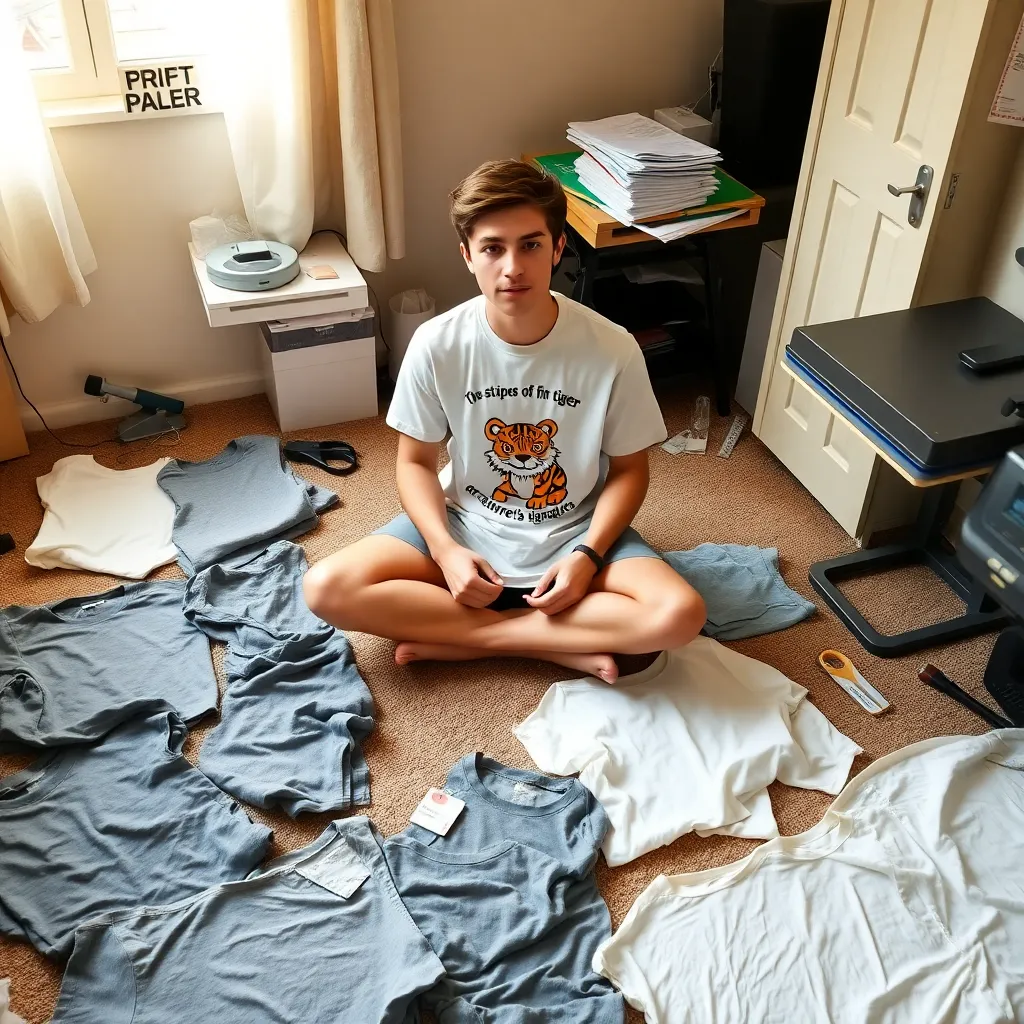 A young man sits cross-legged on the carpeted floor of a small, sunlit bedroom that has been fully taken over by his T-shirt printing workspace. He wears a white graphic tee printed with a cute cartoon tiger and the quote “The stripes of a tiger are nature’s signature.” His focused expression contrasts with the creative chaos around him — a room that’s clearly both his studio and sanctuary. Surrounding him is a cluttered scene of production in progress: A mix of gray, white, and off-white T-shirts is scattered across the floor in varying stages of preparation — some neatly folded, some wrinkled or rolled, and others laid out as if recently printed or awaiting inspection. Near his side is a compact heat press machine (partially visible or pushed to the edge), with a stack of blank T-shirts next to it, ready for printing. A cutting mat, box cutter, and measuring ruler rest nearby, used for trimming transfer sheets or label tags. Lint rollers, scissors, heat-resistant tape, and sheets of transfer paper are spread out in controlled disarray — clearly being used throughout the process. A shipping scale, a pile of poly mailers or cardboard boxes, and a label printer sit in one corner of the room, signaling that packing and shipping are part of today’s workload. A label sheet with barcodes and a small stack of hang tags suggest branding is done manually as well. A thermal mug half-filled with coffee and a few crumpled note pages lie nearby — remnants of a long, possibly late-night working session. Behind him, the bed is messy, its beige blanket half-sliding off and partly covered with more shirts, packaging tape, and test prints. Sunlight spills through partially drawn curtains, casting a golden glow over the scene and highlighting the soft textures of cotton and the paper tools. This is a space that feels real, lived-in, and full of intent — where every imperfection is part of the process. A snapshot of someone building a brand from the ground up with raw effort, limited space, and a passion for honest, handmade work.