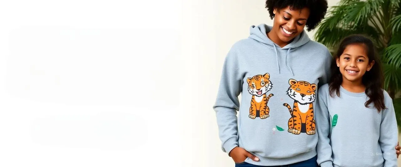 Left side: Add large, modern, clean text in sans-serif font. Line 1: “GEAR UP FOR” in bold uppercase blue letters (#2563EB). Line 2: “SUMMER ADVENTURES!” in bold uppercase gray letters (#444). Line 3: “Tiger Spirit Apparel” in bold black, large size. Below text, place a bright orange rounded call-to-action button with white text: “SHOP NOW”. Add small decorative accents next to the button (like striped lines or minimal glitch effects). Right side (main visual): Show a woman and a young girl (around 6–8 years old) standing next to each other, smiling and relaxed. Both are wearing tiger-themed apparel: Woman wears a gray hoodie with a cute illustrated tiger sitting on a log, surrounded by tropical leaves and white flowers. Below the tiger, the quote: “A tiger’s path is never easy, but it always leads to greatness.” The girl wears a white T-shirt with the same tiger graphic and quote. Their pose should feel warm, empowering and playful.